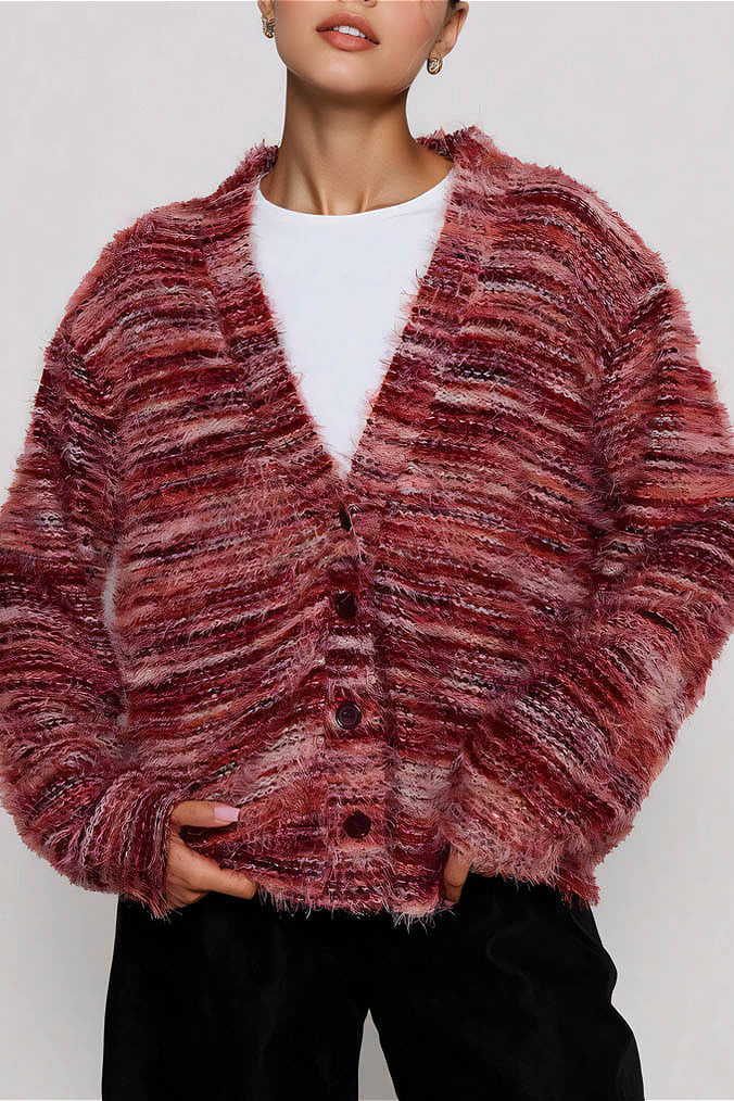 Colorful Striped V Neck Loose Knit Cardigan