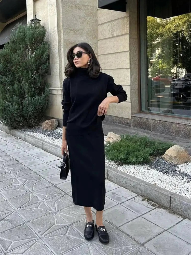 Ribbed Knit 2 Piece Dress Set Outfits Knitwear Top and Midi Skirt Sets for Winter Sweater Sets