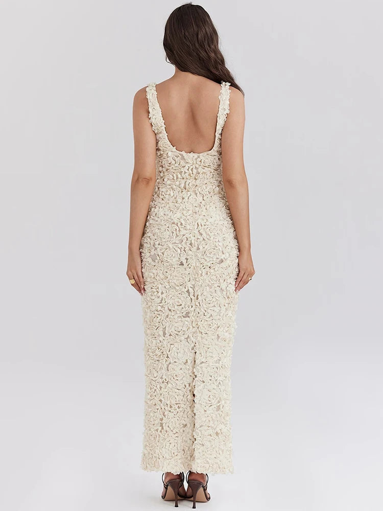 Cream Rose Decal Dress for Deep V Neck Sleeveless Backless Bodycon Club Party Maxi Dress