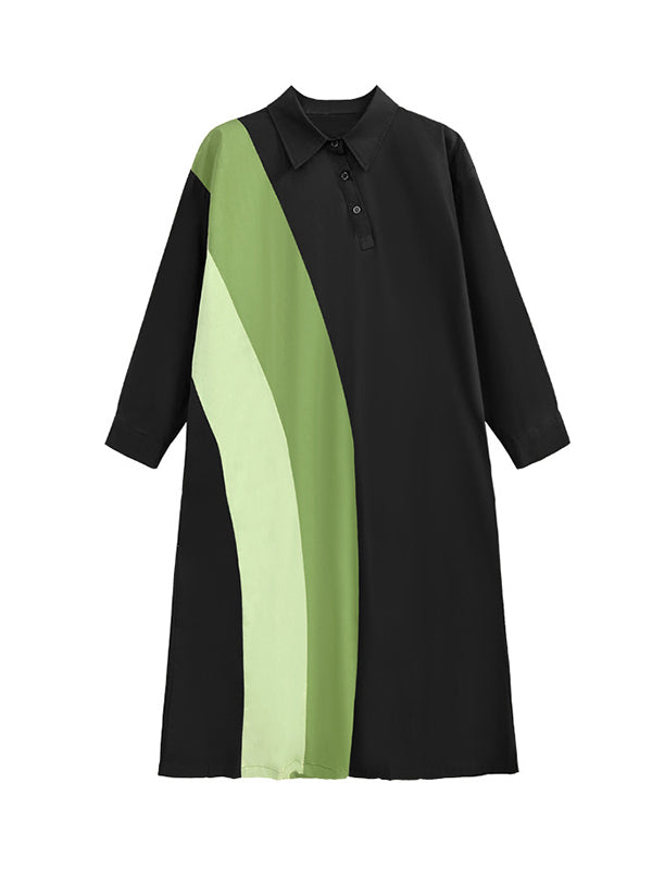 Long Sleeves Loose Asymmetric Buttoned Contrast Color Split-joint Lapel Midi Dresses Shirt Dress