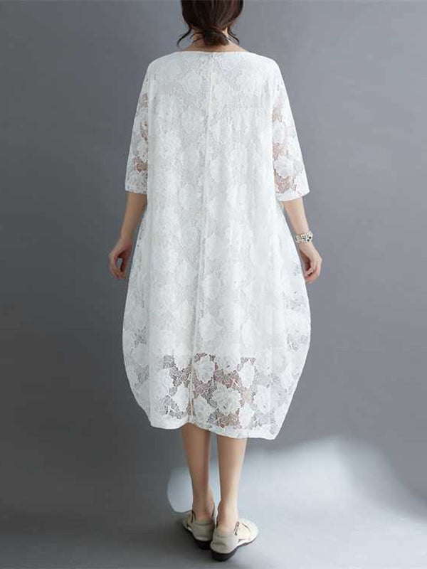 Half Sleeves Loose Hollow Color Round-neck Midi Dresses