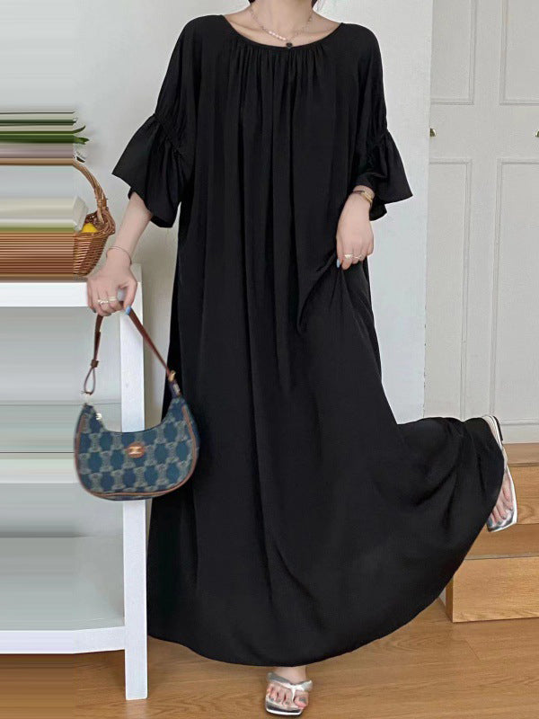 Half Sleeves Loose Color Round-neck Midi Dresses