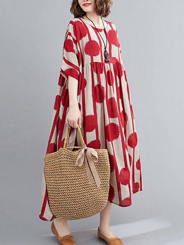 Original Polka-dot Split-joint Round-neck Midi Dress