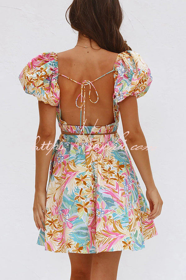 How Sweet Puff Sleeve Cutout Elastic Waist Mini Dress