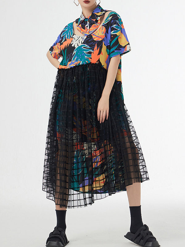 A-line Loose Buttoned Hollow Mesh Printed Split-joint Lapel Midi Dresses