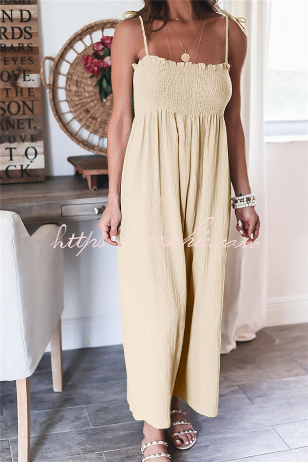 Color High Waist Linen Blend Suspender Pleated Jumpsuit