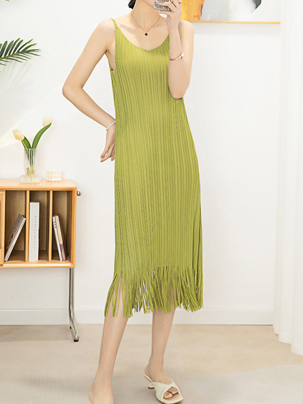 Loose Sleeveless Pleated Color Tasseled Spaghetti-neck Midi Dresses