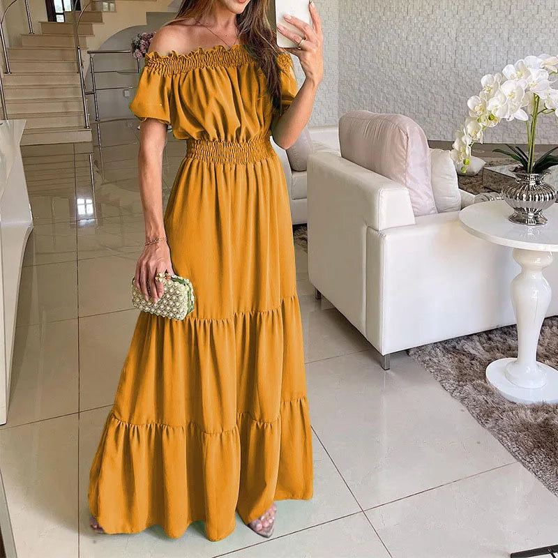 Summer Vestidos Red Short Sleeve Club Party Evening Long Dress Slim Color Robe Ruffles Elastic Waist Slash Neck