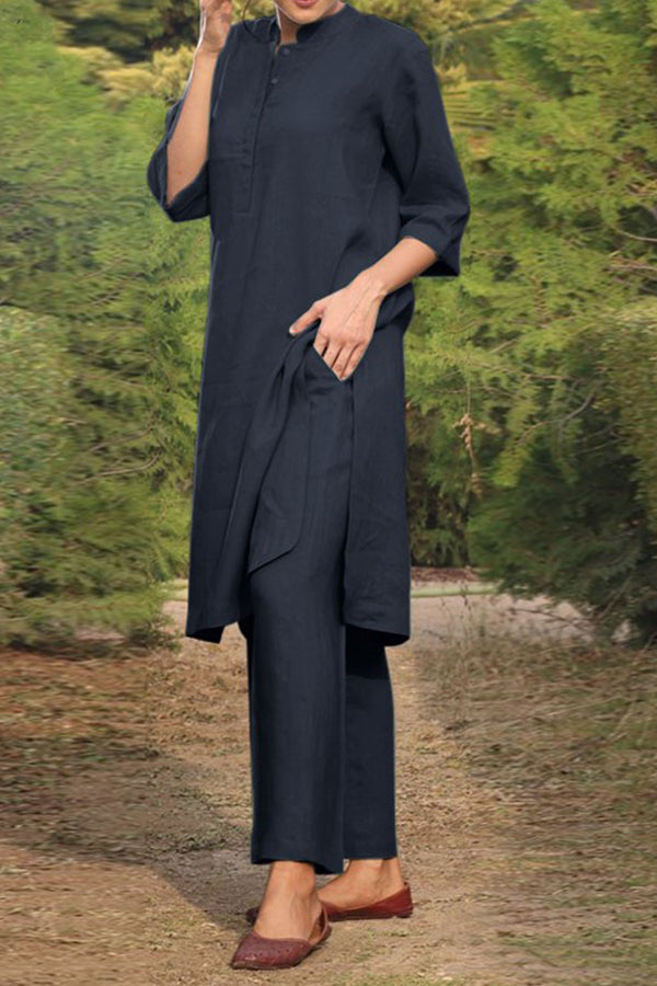 Cotton and Linen V-neck 3/4 Sleeve Wide Brimmed Pants 2-piece Set
