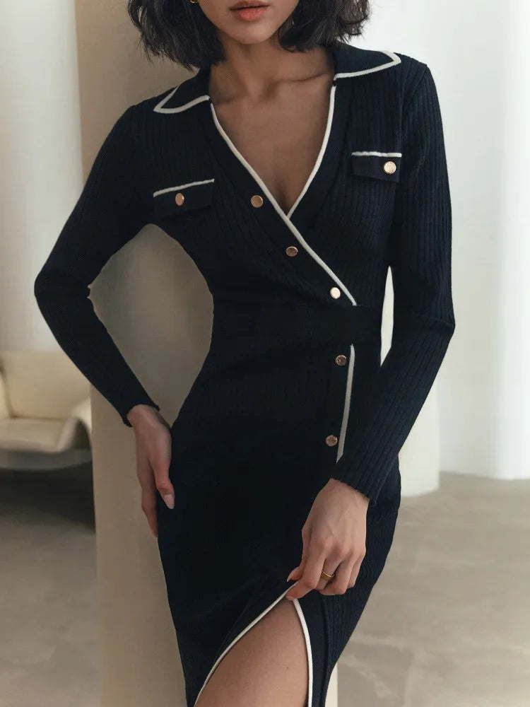 White Patchwork Knit Maxi Dress for Slim Lace-up High Waist Split Party Dress Lapel Knitwear Dress