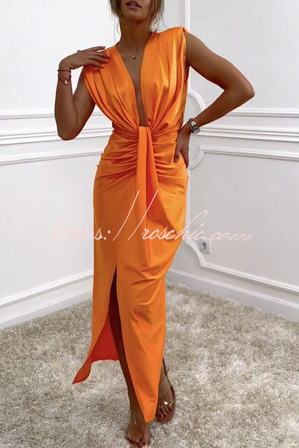 Classic and Dates V-neck Ruched Drape Slit Midi Dress