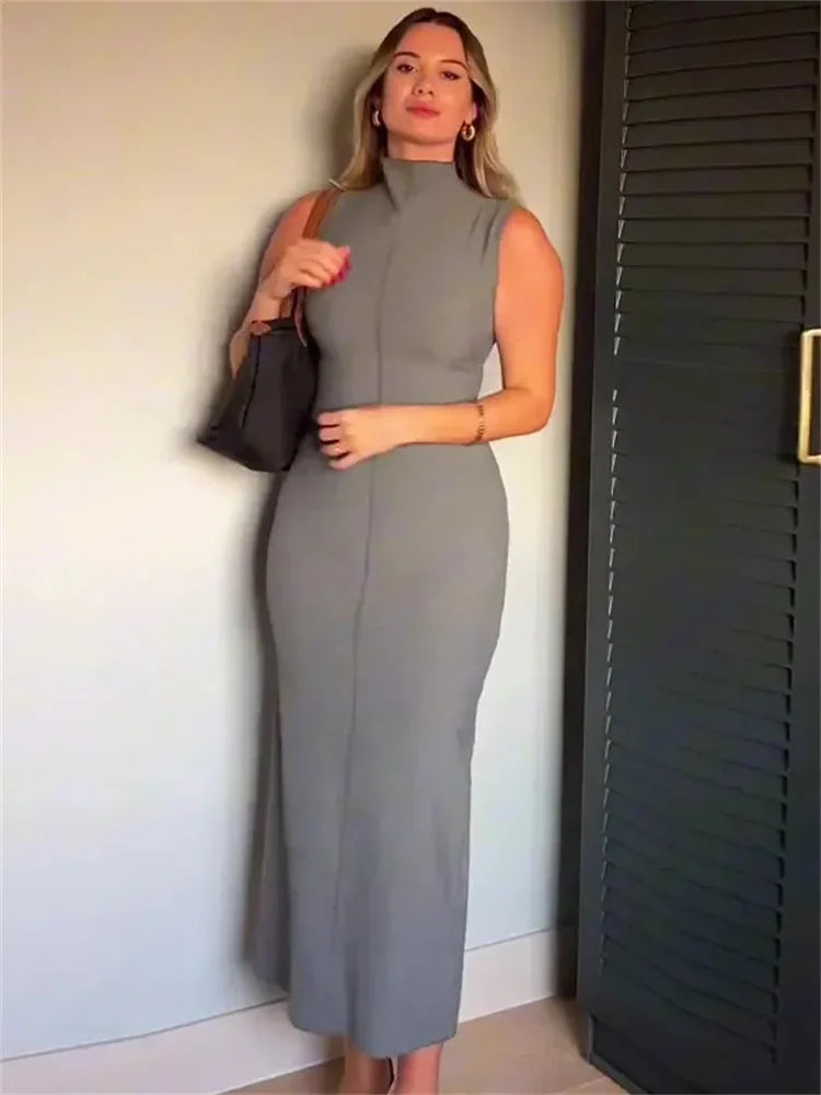 Sleeveless Split Patchwork Long Dress Female Straight Slim High Waist Zipper Maxi Dress Autumn Turtleneck Dress