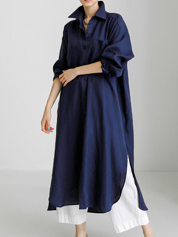 Simple Long Sleeves Split-side Color Lapel Midi Dresses Shirt Dress
