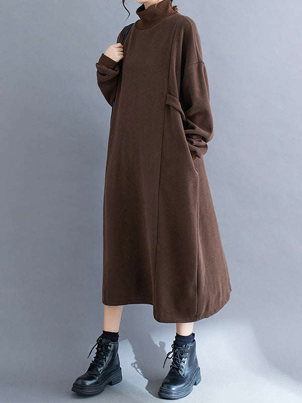 A-line Long Sleeves Color Mock Neck Midi Dresses