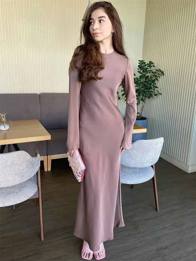 Satin Slim Maxi Dress for Long Sleeve High Waist Party Dress Autumn Dress