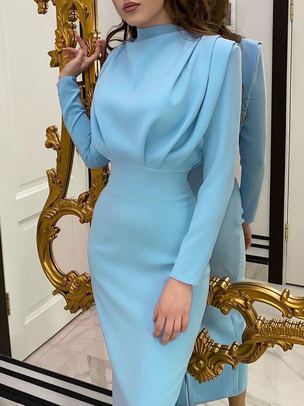 High Waisted Long Sleeves Pleated Color Mock Neck Midi Dresses