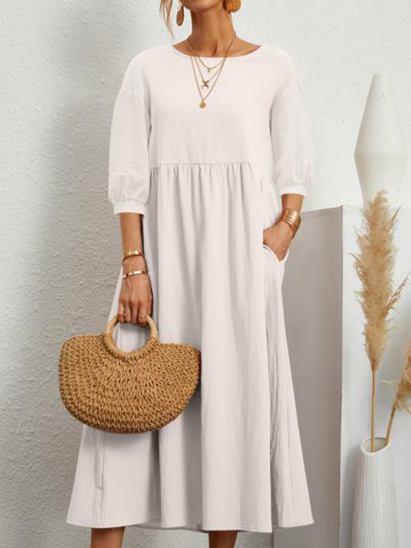 11 Colors Simple Round-neck Color Midi Dress