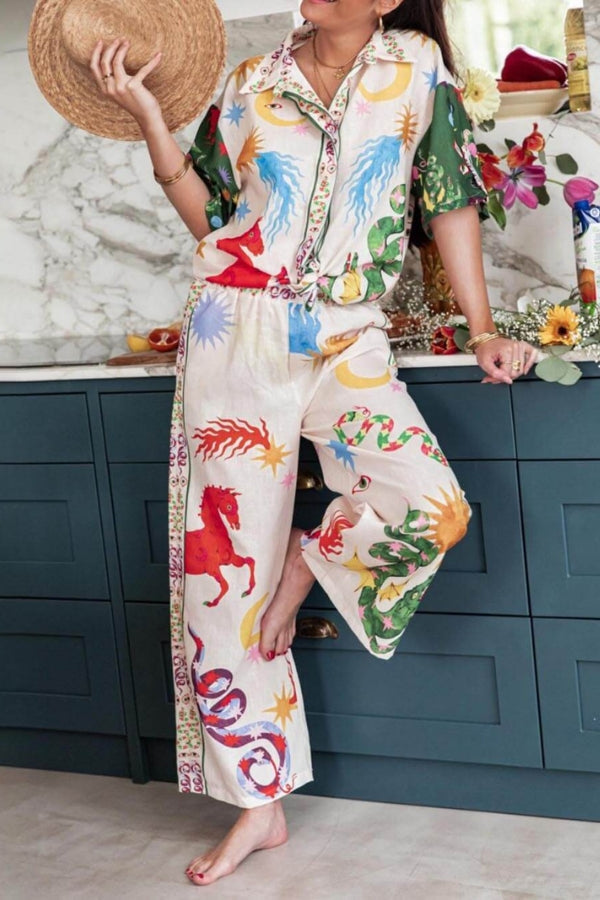 Beauty Unique Print Short Sleeve Loose Shirt and Elastic Waist Pants Set