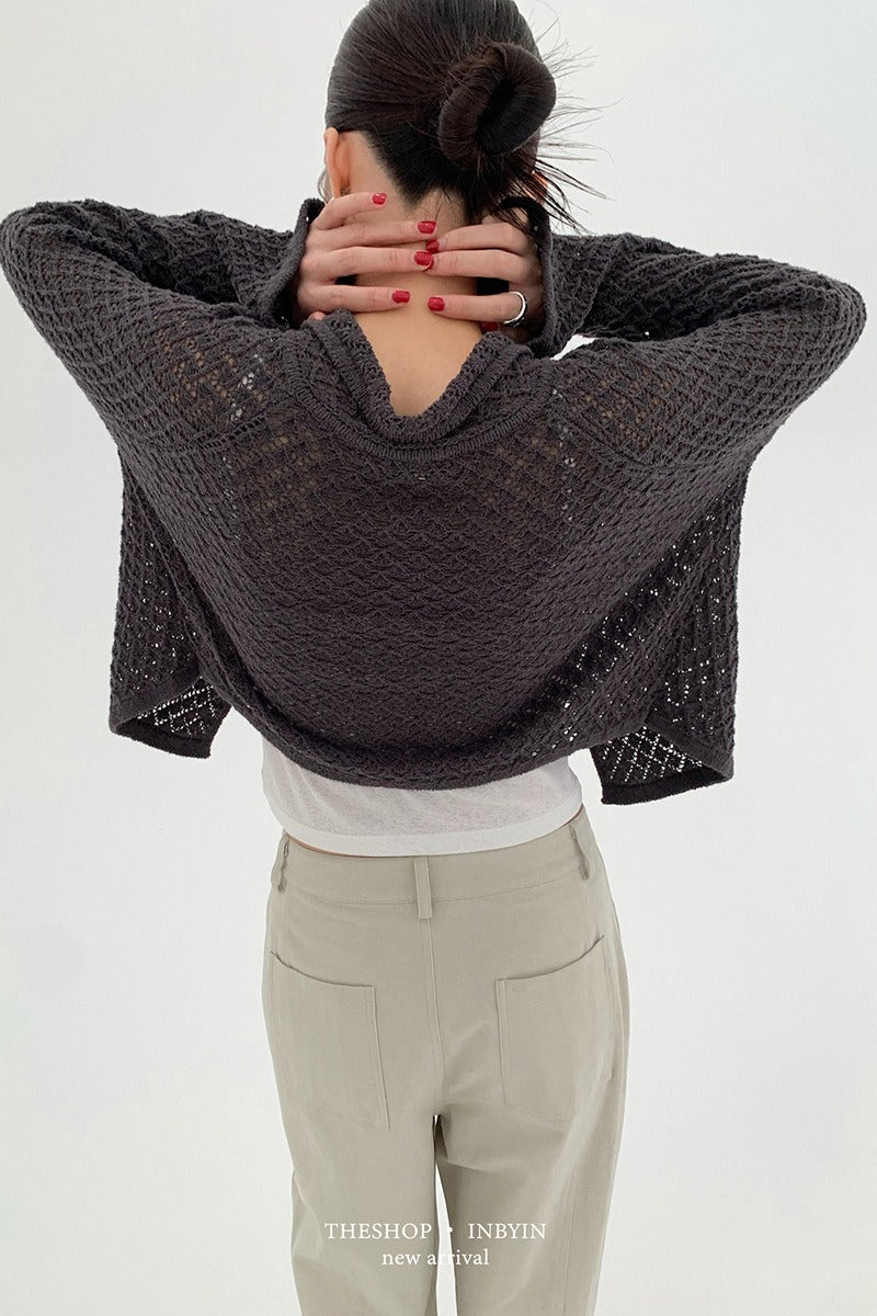 Hollow-out Collared Tie-waist Long-sleeve Short Knit Cardigan