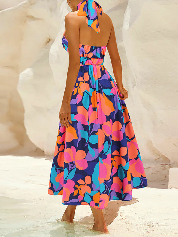 A-line Loose Pleated Printed Split-joint Halter-neck Midi Dresses