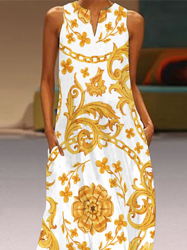 Loose Sleeveless Flower Print Pockets V-neck Maxi Dresses