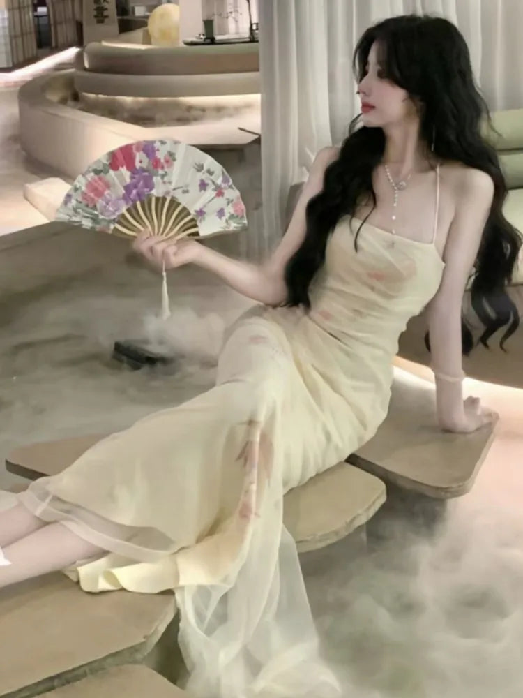 Bodycon Printed Mesh Long Dresses for Backless Summer New Korean Evening Party Female Vestidos