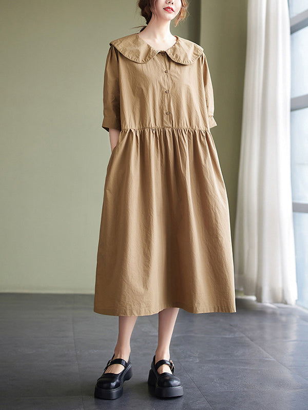 Original Loose Color Buttoned Pleated Midi Dress