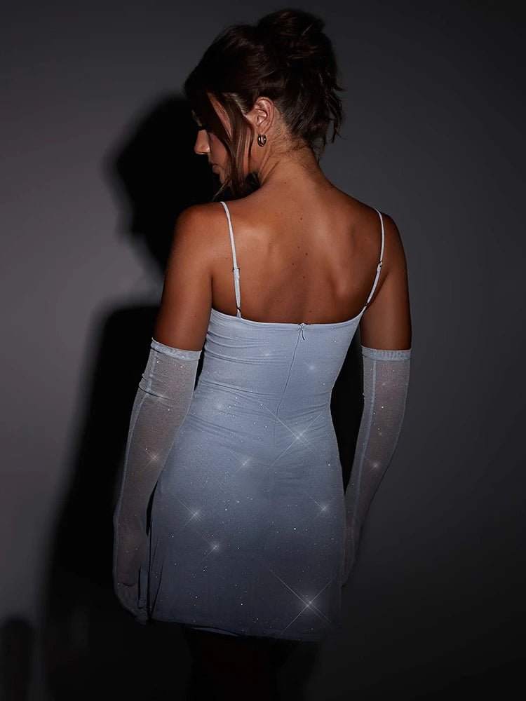 Sparkle Mini Dress New Spaghetti Strap With Sleeve Backless Sleeveless Glitter Club Party Dress Vestido