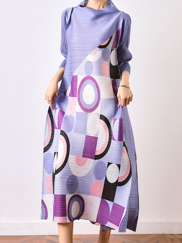 Loose Geometric Printed Pleated Midi Dress