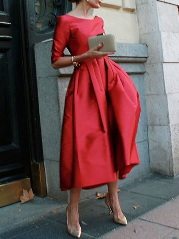 A-line Loose Pleated Pockets Color Split-joint Round-neck Midi Dresses