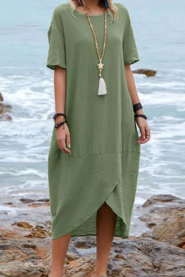 Color Cotton Linen Retro Round Neck Short Sleeve Midi Dress
