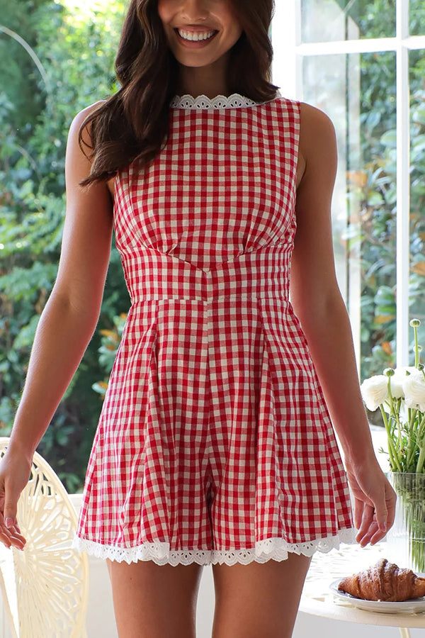 Plaid Print Sleeveless Pleated Waist Rompers