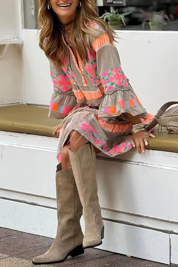Sorbet Summer Linen Blend Print Button Ruffle Patchwork Mini Dress