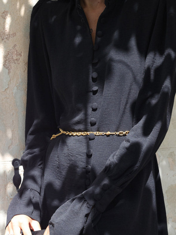 Flared Sleeves Long Sleeves Buttoned Color Split-side Stand Collar Midi Dresses Shirt Dress