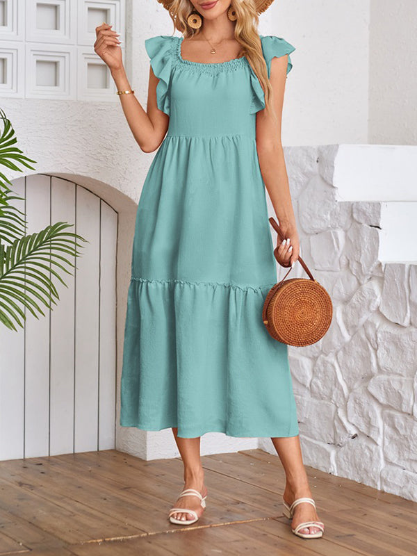 A-line Loose Elasticity Pleated Ruffled Color Split-joint Off-the-shoulder Midi Dresses