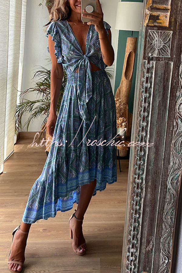 Libby Hippie Printed Tie Front Ruffle Sleeve Smocked Waist Midi Dress