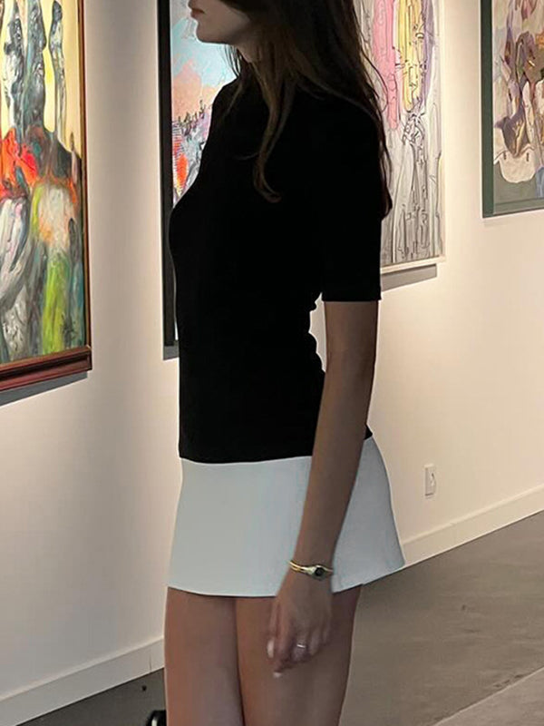 Short Sleeves Skinny Contrast Color Split-joint High Neck Mini Dresses