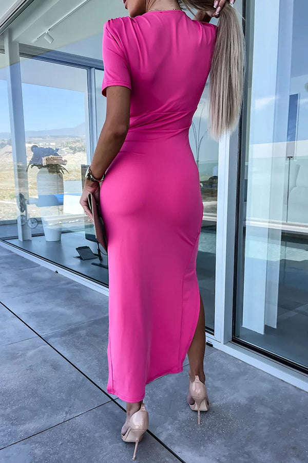 Lucky to Have You Padded Shoulder Ruched Slit Midi Dress