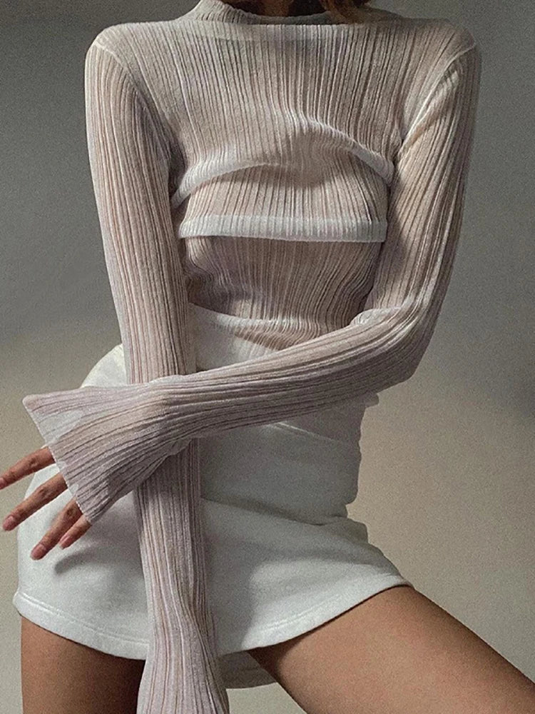 See Through Knitted T-shirts Autumn White Long Sleeve Mock Neck Tops Femme High Street Slim Tops Tee