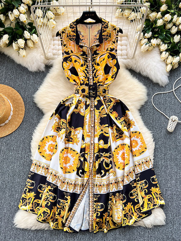 Sleeveless Belt Buckle Buttoned Contrast Color Printed Midi Dresses