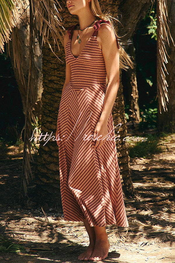 Striped Print V-neck Lace-up Backless Holiday Midi Dress