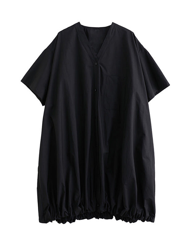 Loose Short Sleeves Color V-neck Midi Dresses