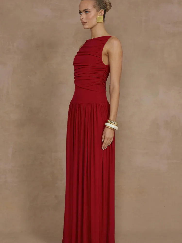 Artcat Sleeveless Round Neck Bodycon Long Dress for Folded Slimming Party Evening Dress Female Tight Vestido