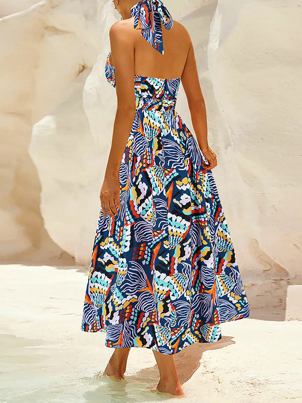 A-line Loose Pleated Printed Split-joint Halter-neck Midi Dresses