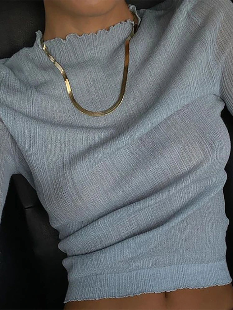 See Through Knitted T-shirts Autumn White Long Sleeve Mock Neck Tops Femme High Street Slim Tops Tee
