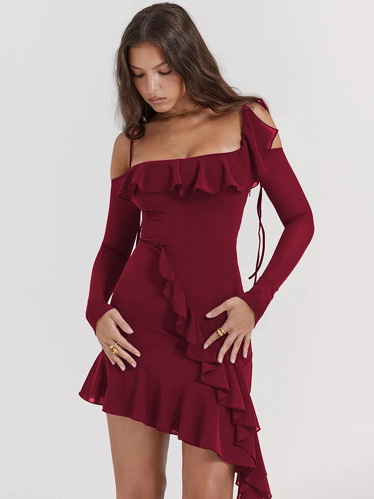 Strap One Line Neck Double Layer Long Sleeve Dress ’s Slim Fit Ruffles Irregular Mini Dress Sweet Party Club