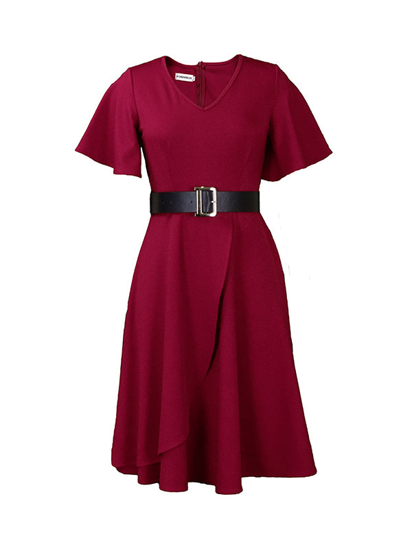Irregular Clipping Belted Color Round-neck Midi Dresses