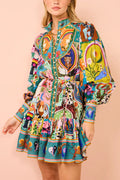 Touch of Unique Print Balloon Sleeve Button Shirt Mini Dress