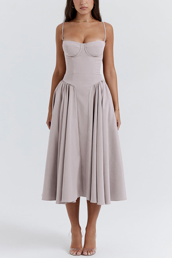 Color Slim Fit Suspender Pocket Midi Dress