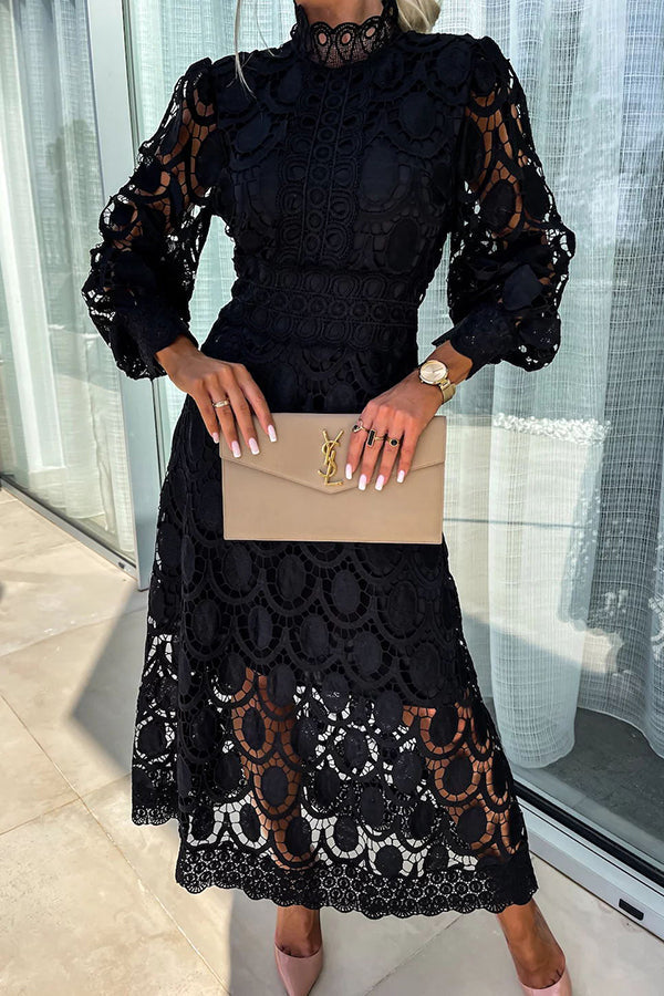 Romantic, Sensual and Crochet Lace Lantern Sleeve Party Midi Dress